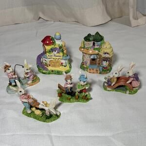 Easter Village Figures House Decor Easter Bunny Fishing Slide Garden Flowers